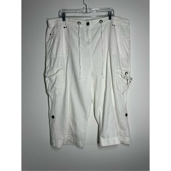 True  Lagenlook WHITE CARGO BERMUDA Capri Pants SHORTS LINEN BLEND SIZE 24 - Picture 1 of 14